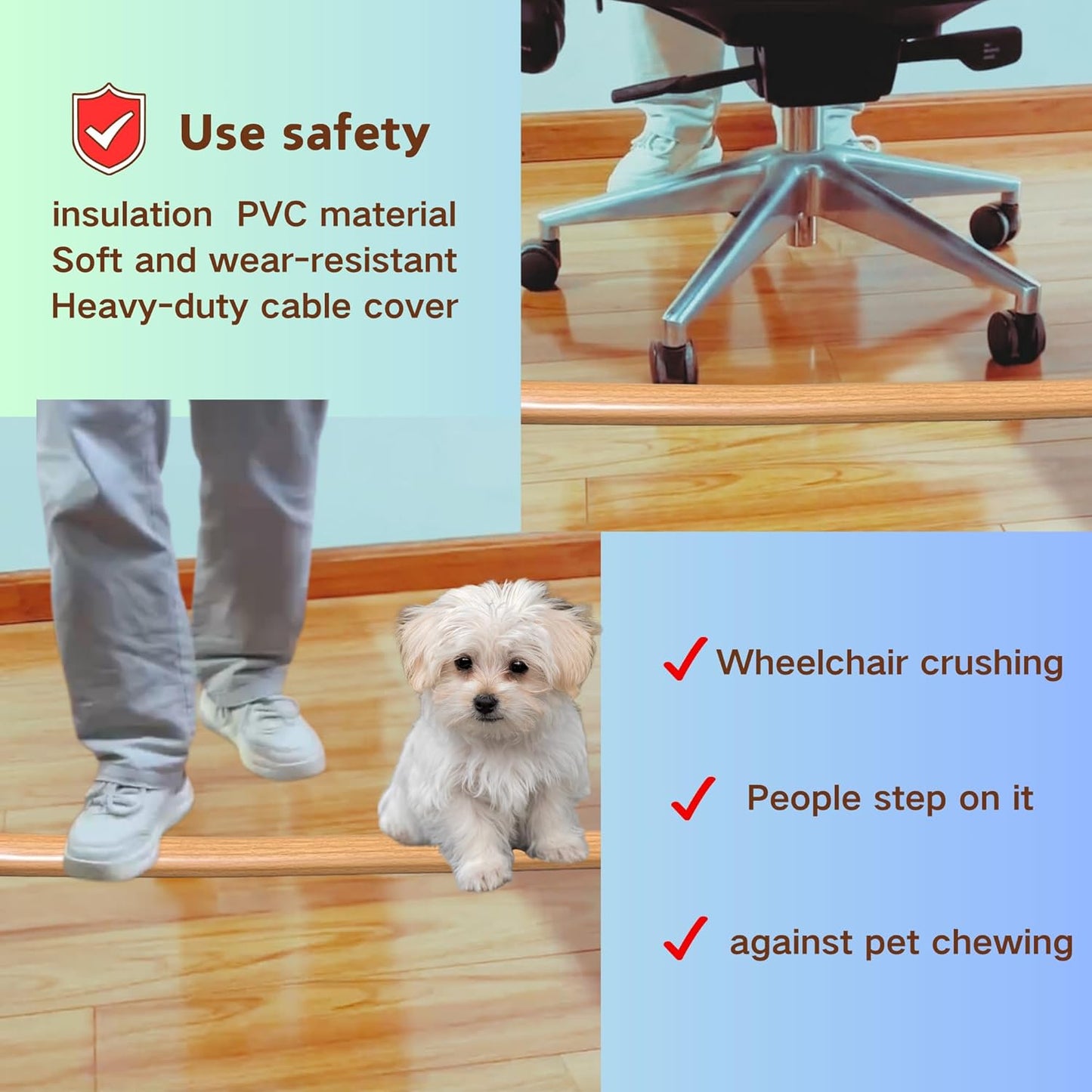 10ft Self Adhesive Floor Cord Cover,Cable Cavity:0.61"(W) x 0.32"(H),Heavy Duty Soft PVC Cable Protector and Extension Cord Hider,Cord Management System to Hide Wires on Floor,Yellow Wood