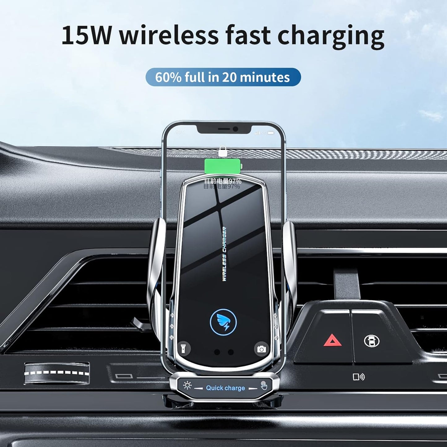 Wireless Car Charger Mount Automotive Electric Induction 15W Fast Charging Auto Clamping Car Phone Holder Mount Wireless Charging Mount Air Vent Phone Holde Compatible with All Android (Black)
