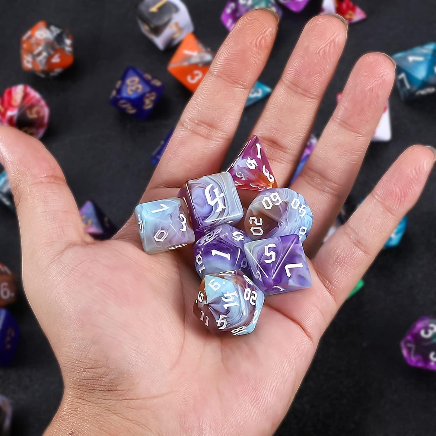 QMAY DND Dice Set -D&D Polyhedral Dice (7pcs) for Dungeons and Dragons (Water Blue and Purple)