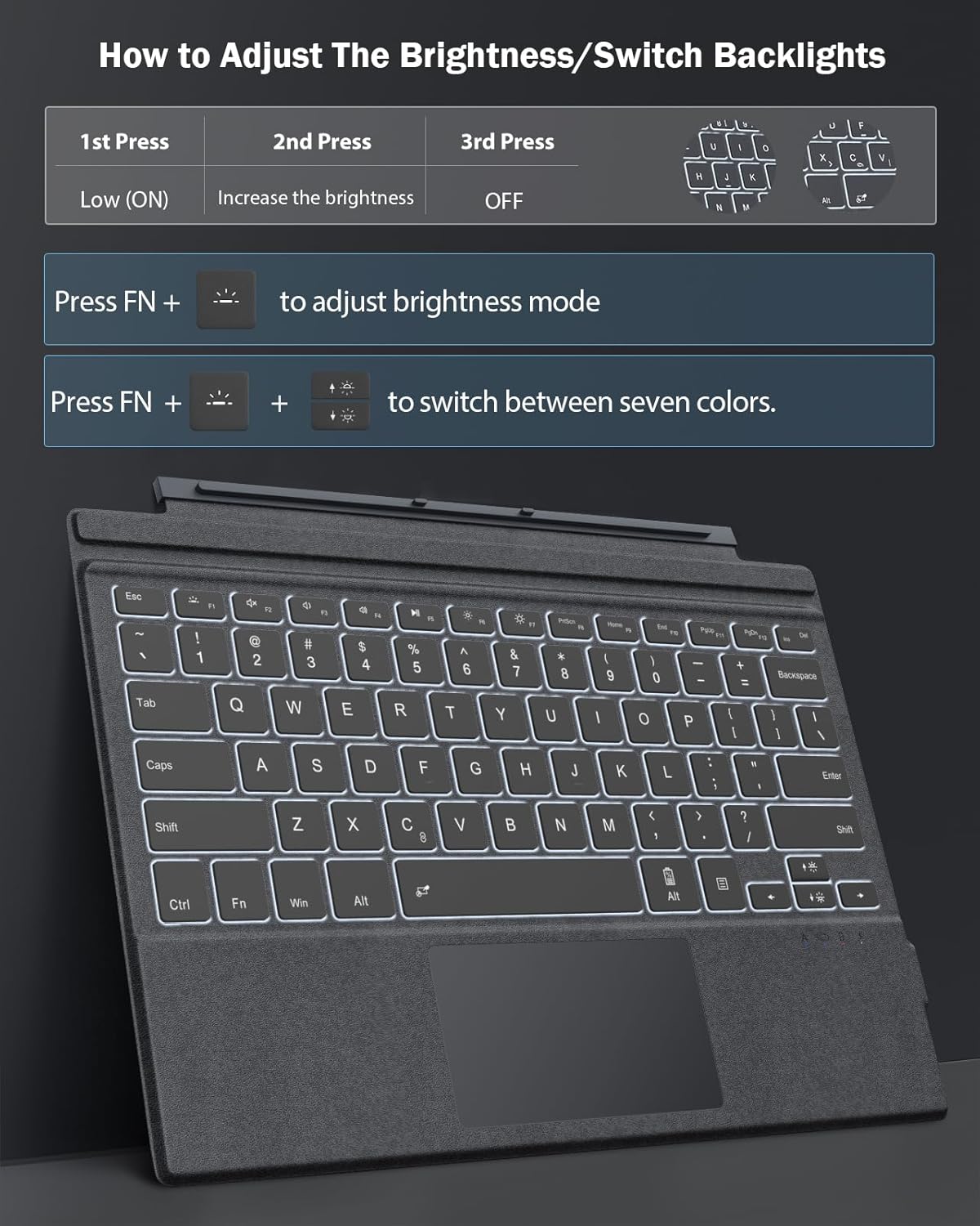 MoKo Microsoft Surface Pro 7/Pro 6/Surface Pro 5 (Pro 2017)/Pro 4/Pro 3 Type Cover, Ultra-Slim Wireless Bluetooth Keyboard with Trackpad, 7-Color LED Backlit, Built-in Rechargeable Battery, Gray