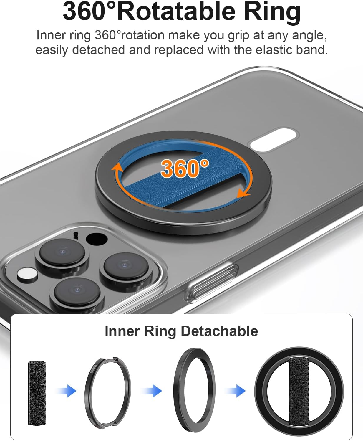 EWA MagOne Solo Phone Grip with Replaceable Elastic Finger Loop, Removable Magnetic Ring Holder Loop, Accessories for iPhone 16, 15, 14, 13 Pro/Max/Plus, No Stand-Black