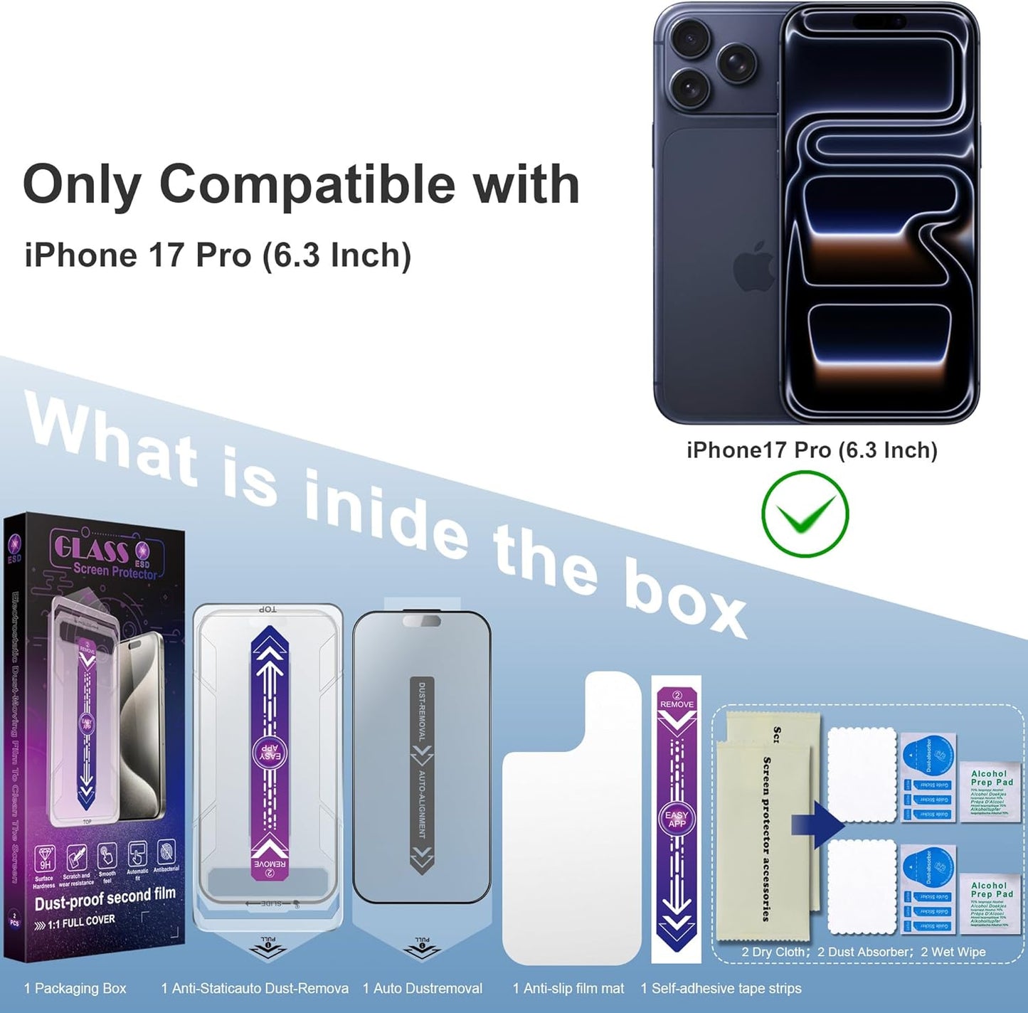 Matte Screen Protector for iPhone 17 Pro 6.3-Inch, Auto Dust Removal, 9H Tempered Glass, Full Cover, Anti-Fingerprint, Easy Installation, 2 Pack