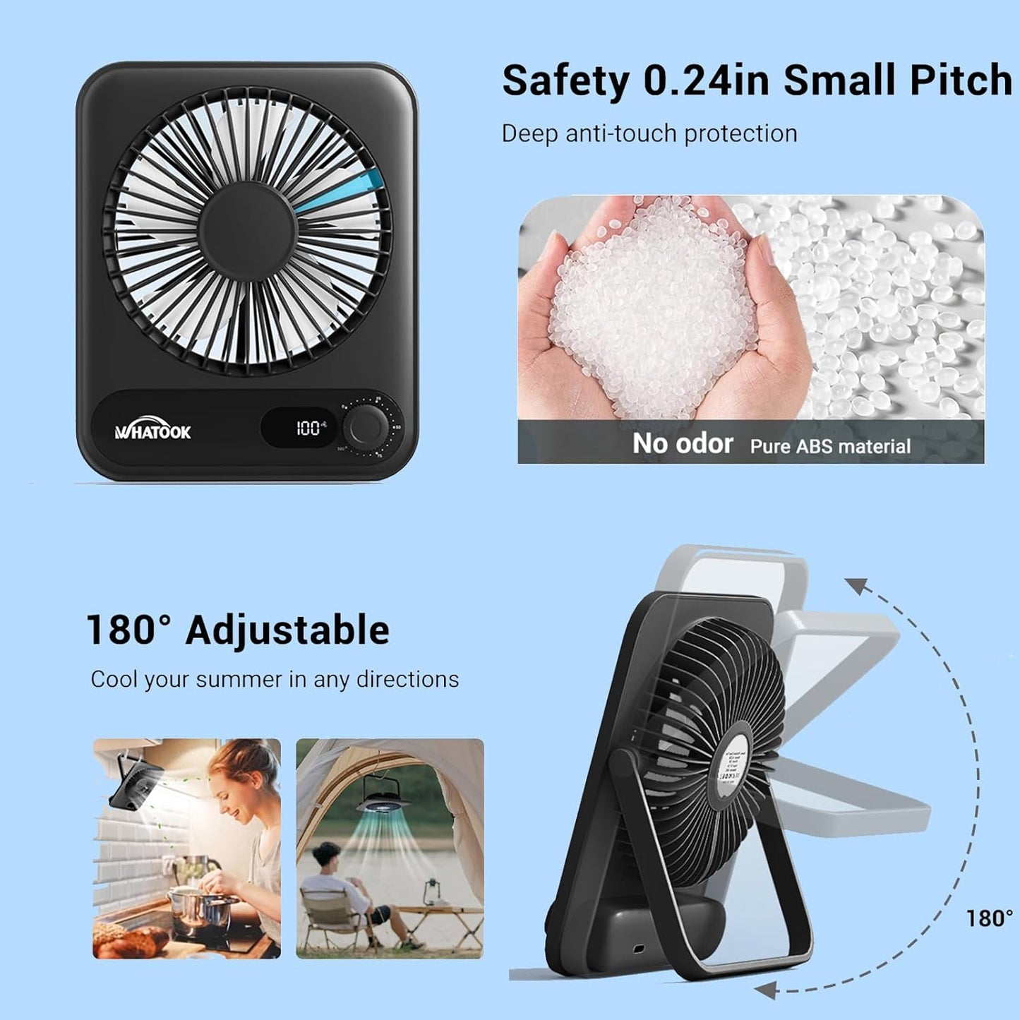 WHATOOK Small Desk Fan Personal Fans: 2000mah 10 Hours Battery Office Quiet Mini Desktop Fan Portable Rechargeable Travel Essentials
