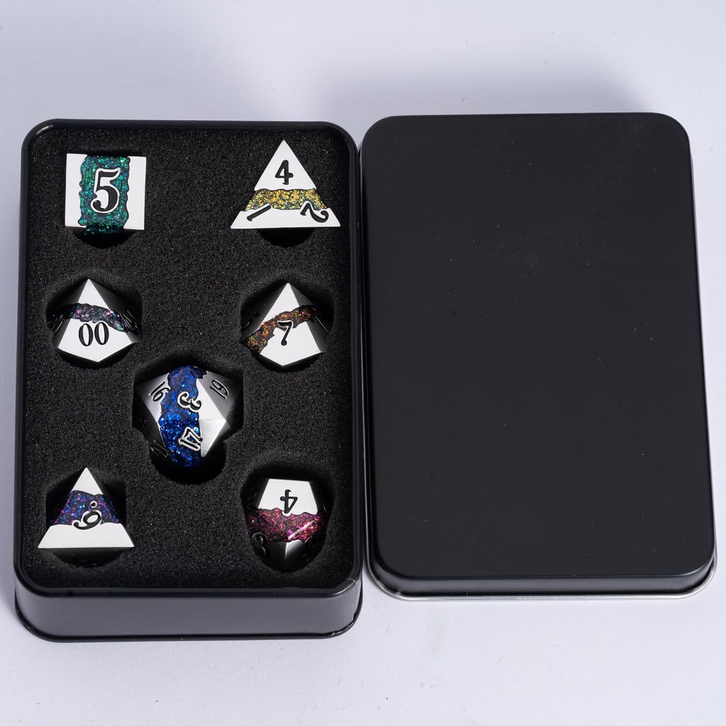 Polyhedral Metal Dice Set,7pcs Set Glitter Stripe DND Dice with Gift Box for RPG