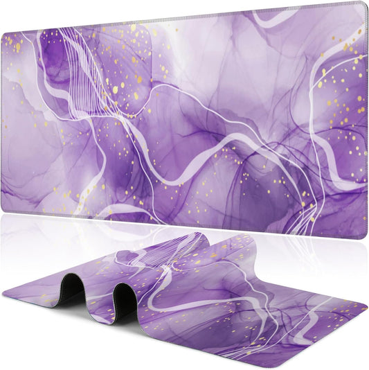 Watercolor Purple Marble Desk Mat,Large Violet Marble Texture Gaming Keyboard Mouse Pad,Non-Slip Rubber Base Desk Pad Thick Stitched Edges Waterproof Mousepad Mouse Mat 31.5"x11.8"