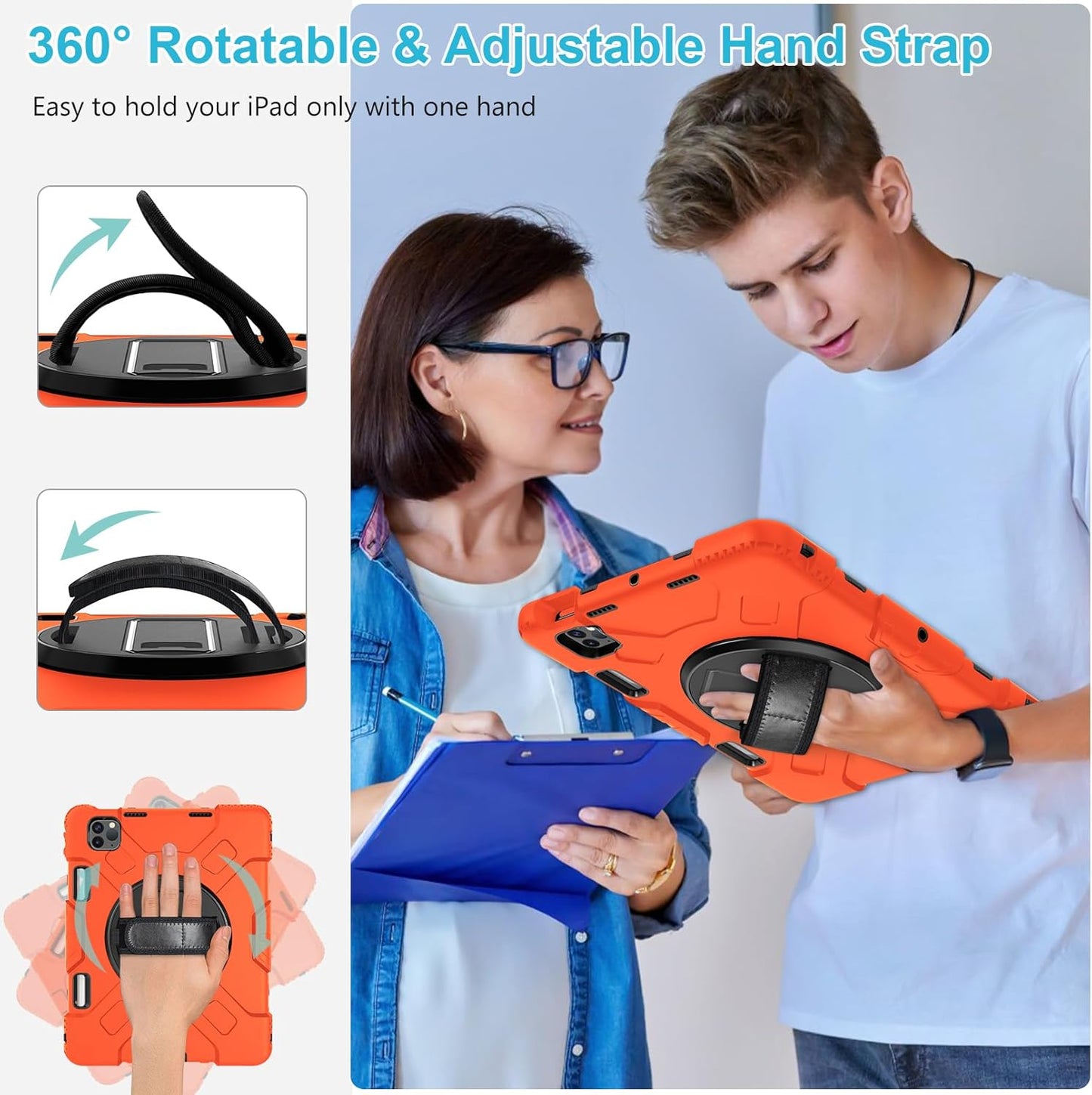 Case for iPad Pro 11 Inch 2022/2021/ 2020/2018: Silicone Cover for iPad 11 Inch 4th/ 3rd/ 2nd/ 1st/ Generation with Screen Protector- Stand- Handle- Shoulder Strap- Pencil Holder-Orange