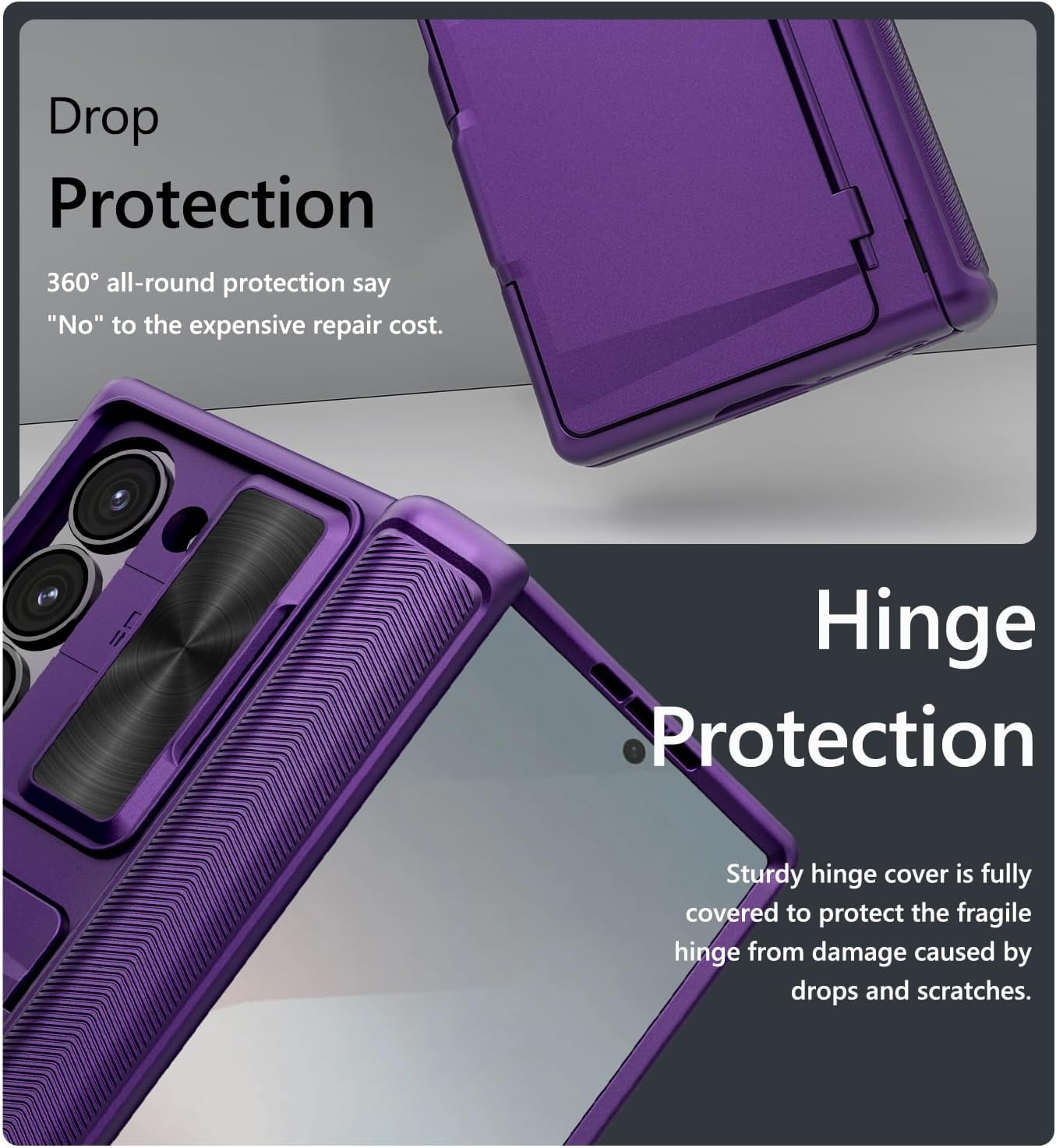 Vihibii for Samsung Galaxy Z Fold 6 Case with Card Holder & Camera Protective Cover & Hinge Protection & Front Screen Protector, Full Body Sturdy Wallet Case for Samsung Galaxy Z Fold 6, Dark Purple