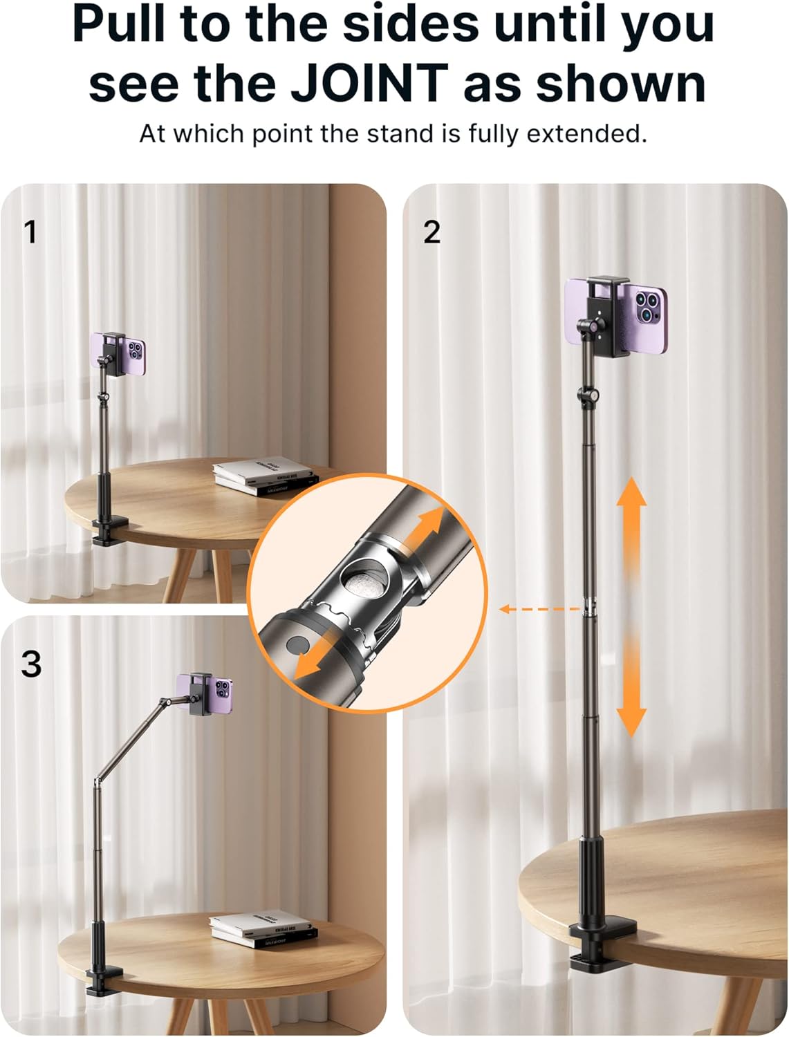 JSAUX Phone Holder for Desk and Bed Compatible with iPhone 16 15 14 13 12 Overhead Phone Mount Gooseneck Phone Stand Flexible 360 Lazy Long Arm Clamp Clip for Table Bedside [1-Pack, Black]