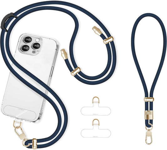 Cell Phone Lanyard Adjustable Crossbody Phone Lanyard *1 Phone Wrist Strap *1 with Deluxe Gold Matal Buckle + Clear Tether Tabs *2 for Shopping Travelling Hiking(Dark Blue)