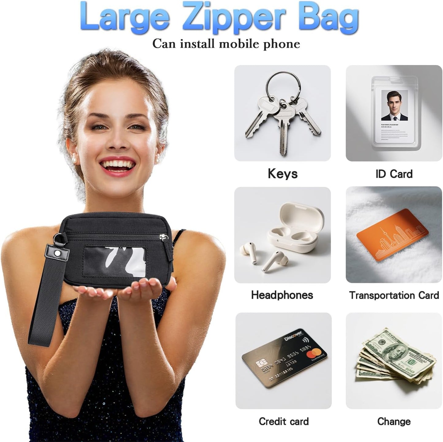 Clip & Go Phone Strap Crossbody with Wallet, 2 Pcs-Crossbody Lanyard with a Zipper Bag & Wrist Lanyard-1 Pad, Save Girls Phone Strap with Pouch, Universal Adjustable Neck Cellphone Holder (Black)