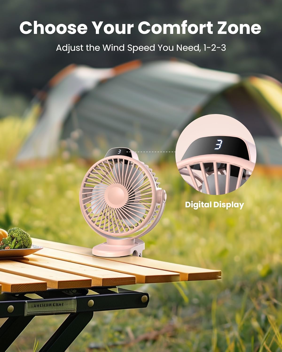 Koonie Portable Clip On Fan, Small USB Battery Operated, 3 Speed Rechargeable Mini Pink With LED Display, 360° Rotate Personal Cooling for Desk Stroller Travel Camping Golf Gym