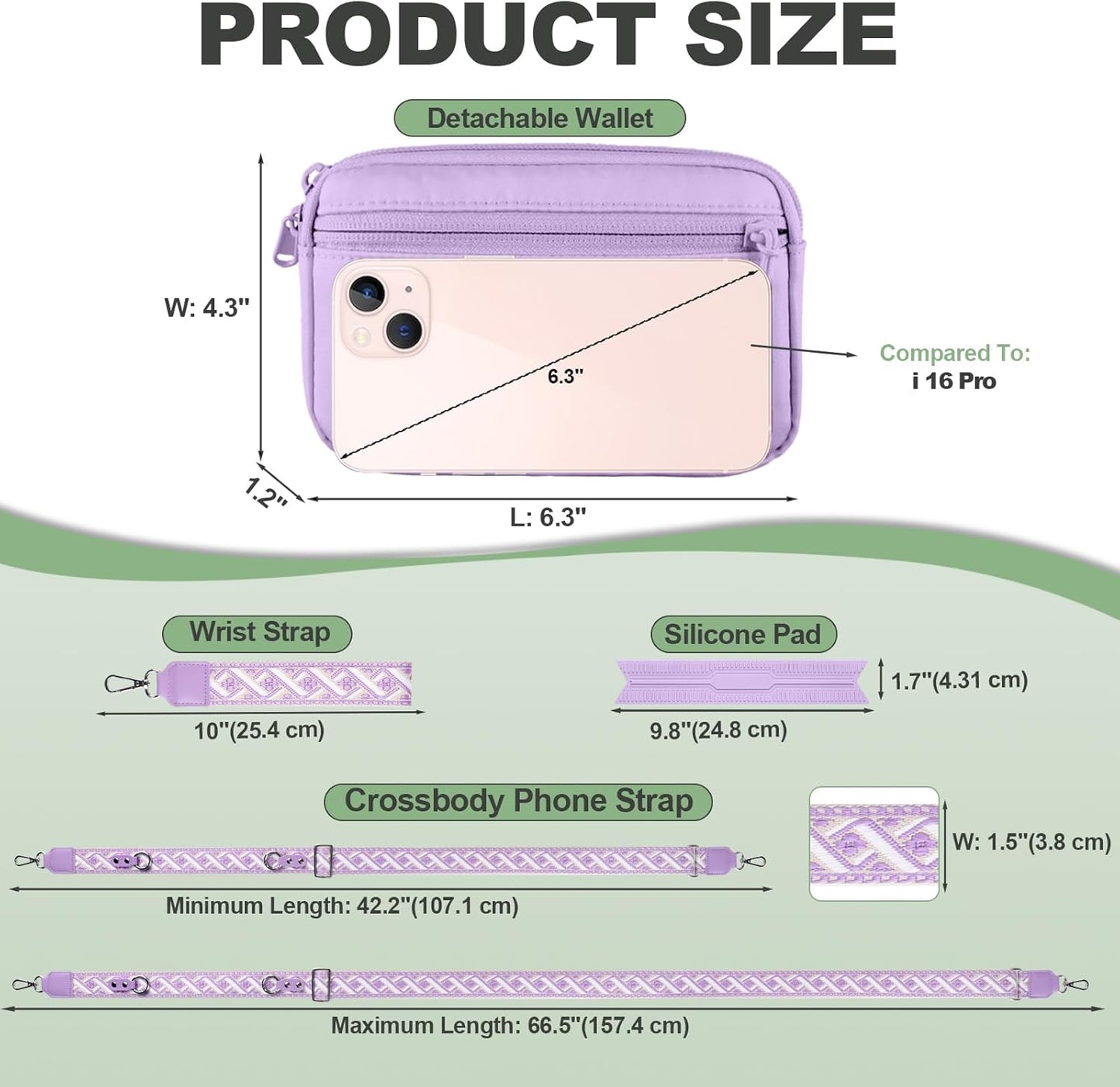 Clip and Go Strap for Phone with Wallet Crossbody, Adjustable Phone Lanyard with Detachable RFID Wristlet Wallet, Pattern Strap, Purple (M)