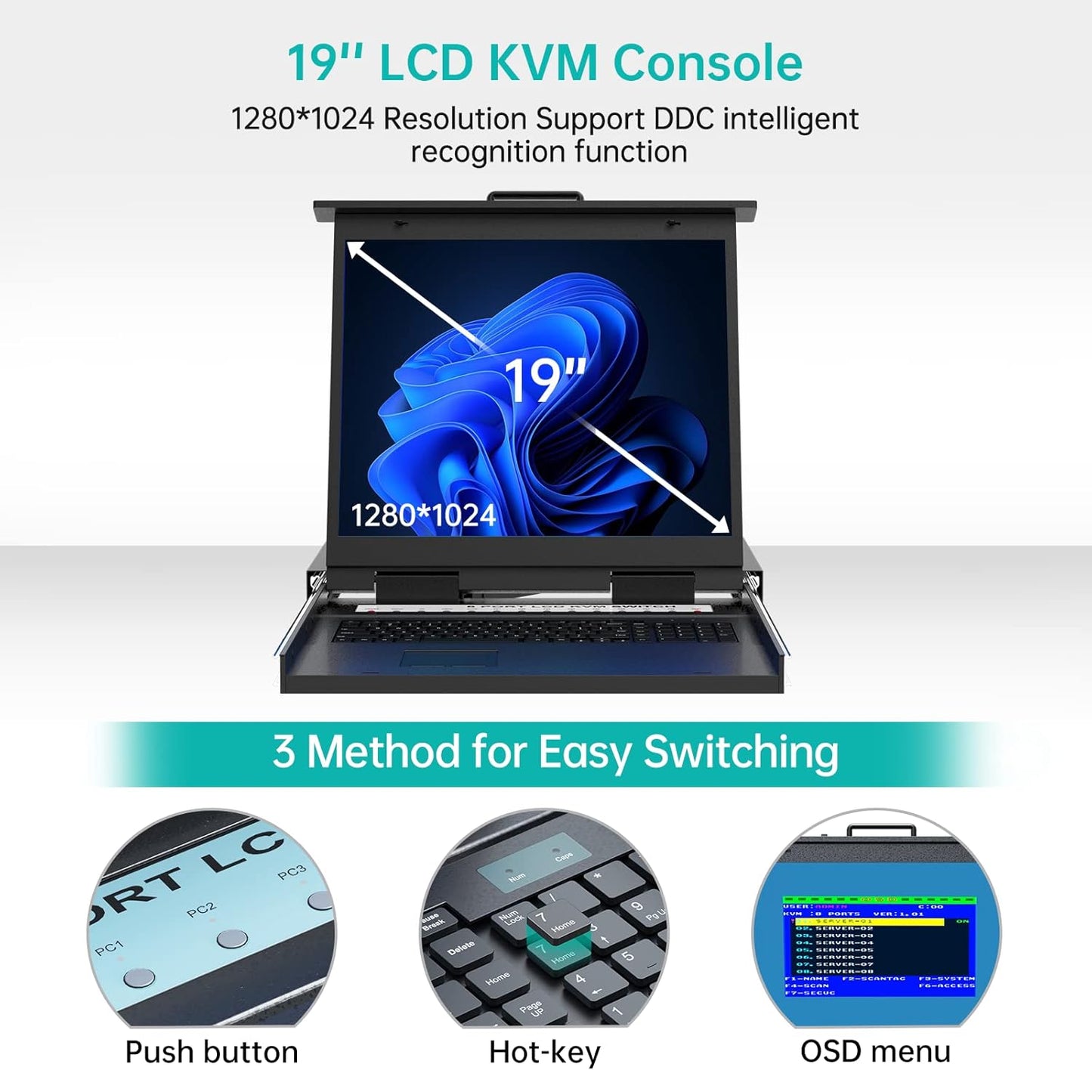 MT-VIKI 19'' LCD KVM Console, 16 Port VGA KVM Switch w/Keyboard+Monitor+Mouse+Drawer+Touchpad, Support OSD/Hotkey/Panel Button Switching (Included 16 KVM Cables)