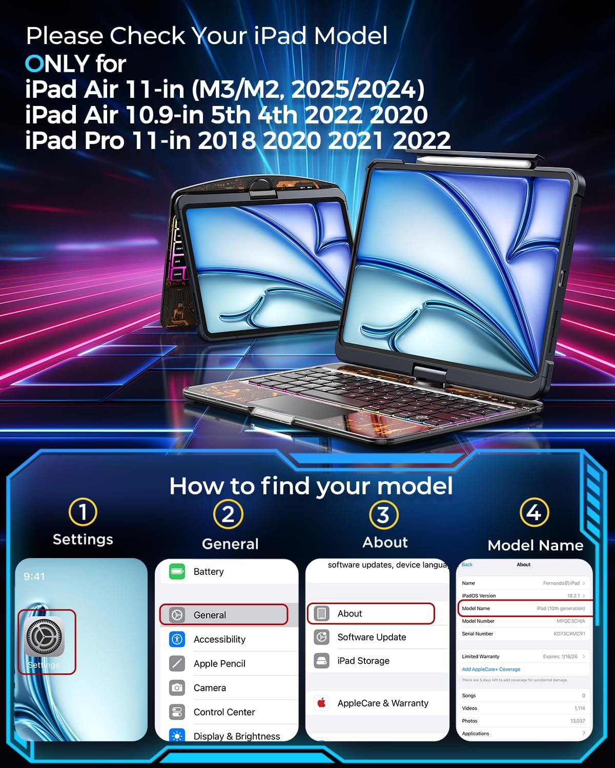 SIEBITU Clear Wireless Keyboard Case for iPad Air 11-inch (M3 2025/M2 2024) & iPad Pro 11-inch 4th 3rd 2nd 1st Gen, 7-Color Backlit with Multi-Touch Trackpad for 10.9” iPad Air 4th/5th Gen, Black