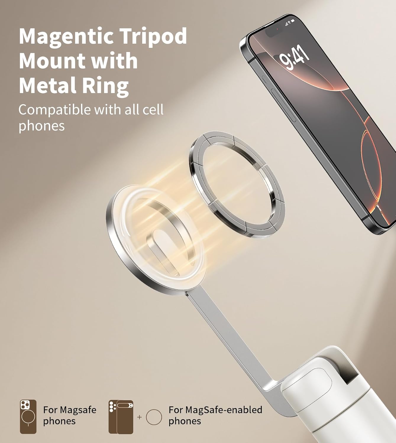 TONEOF 68" Magnetic Selfie Stick Tripod with Aluminum Strong Magnetic Holder for Magsafe, 360° Rotatable Travel Phone Tripod Stand with Metal Ring & Rechargeable Remote for iPhone/Android(Beige Gray)