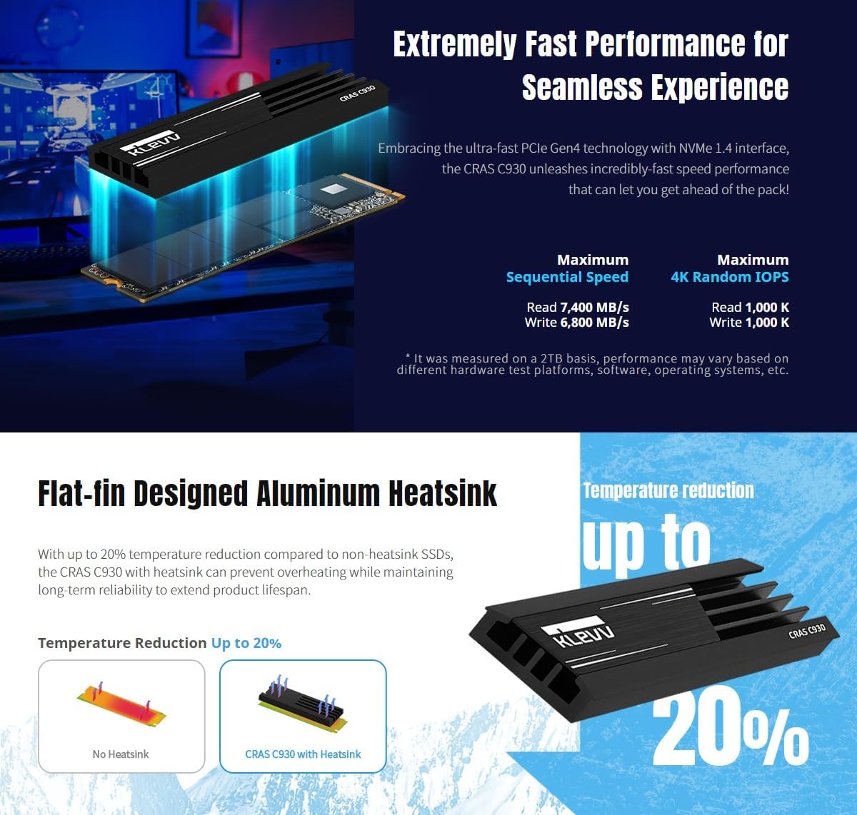 KLEVV CRAS C930 1TB M.2 2280 NVMe PCIe Gen4x4 Internal Gaming SSD Aluminium Heatsink Included, Compatible with PS5, up to 7400MB/s with DRAM Cache (K01TBM2SP0-C93)