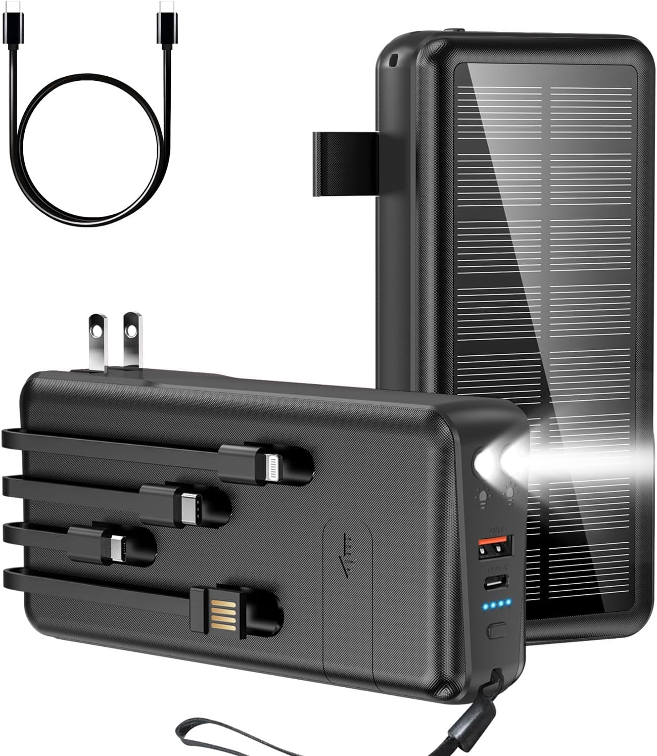 Portable Charger with Built in Cable and Wall Plug 50000mAh PD30W Fast Charging Solar Power Bank with 5 Output & 2 Input Dual LED Flashlights Phone Holder External Battery Pack (Black)