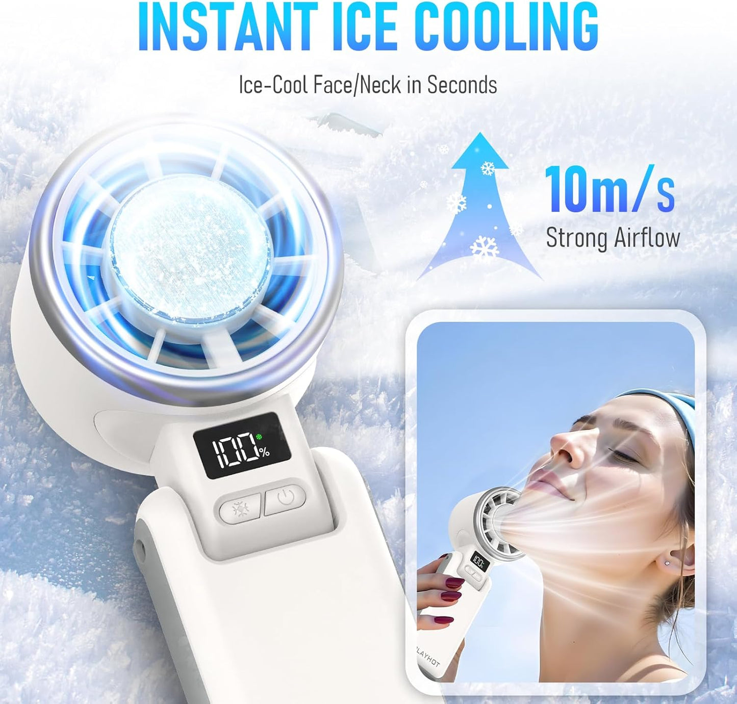 Portable Handheld Turbo Fan with Ice Cooling, Rechargeable Personal Fan, Up tp 12Hrs Cooling, 5 Speed 25550RPM Powerful Portable Fan for Travel, Outdoor, Camping, Hiking (White)