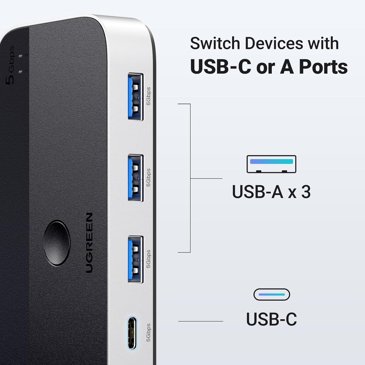 UGREEN USB 3.0 Switch 2 Computers Sharing USB C & A Devices, 4 Port USB Switcher Sharing Keyboard and Mouse, Printer/Scanner USB Switch Hub for Two Computers with 2 USB3.0 Cables and Remote