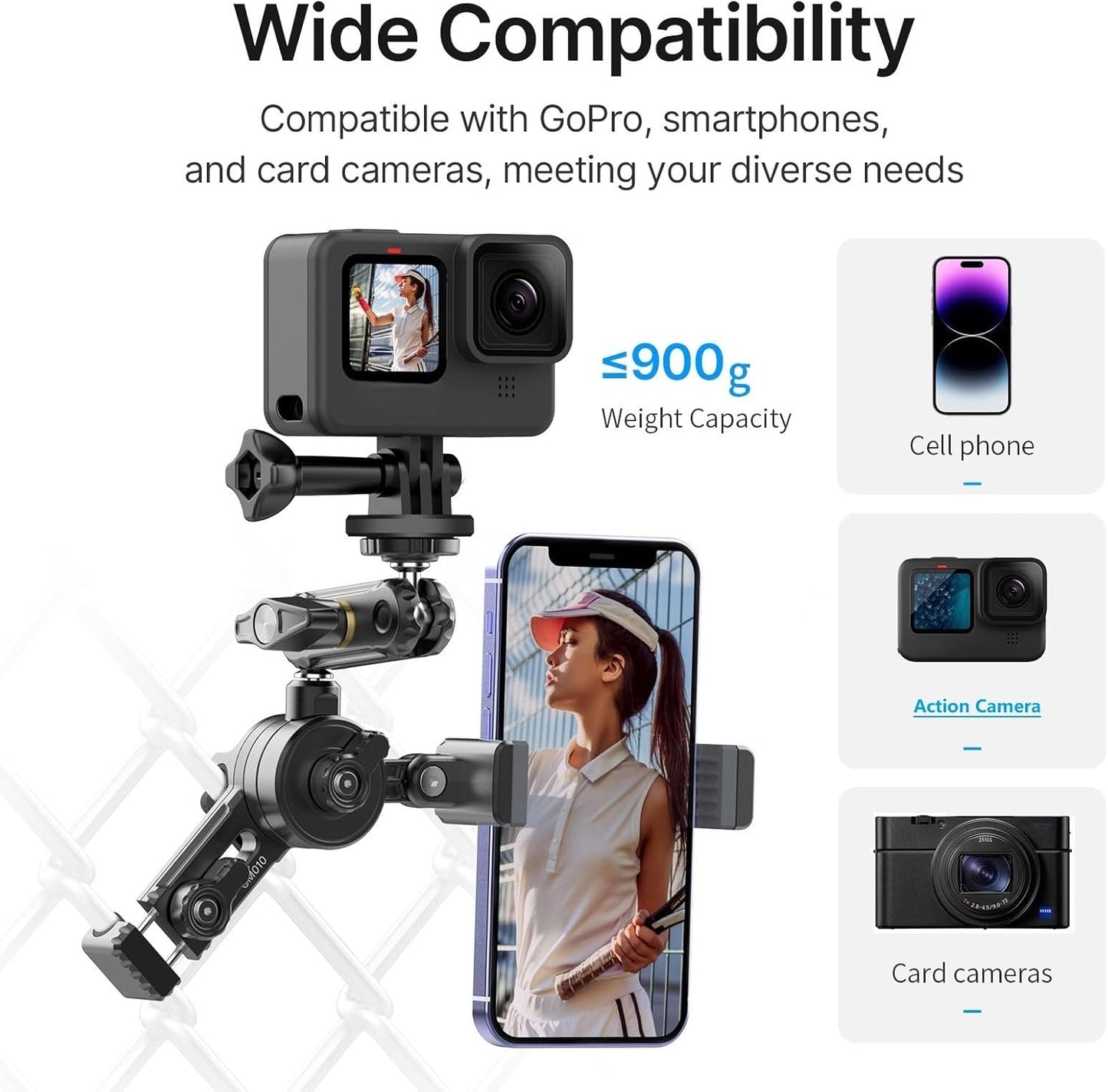 jusmo CM010 Cell Phone Fence Mount Game Changer Mounting Kit for GoPro, iPhone, AKASO, DJI Osmo Action, Insta360, Mevo Start for Recording Baseball Softball Tennis Gamechanger Streaming Kit