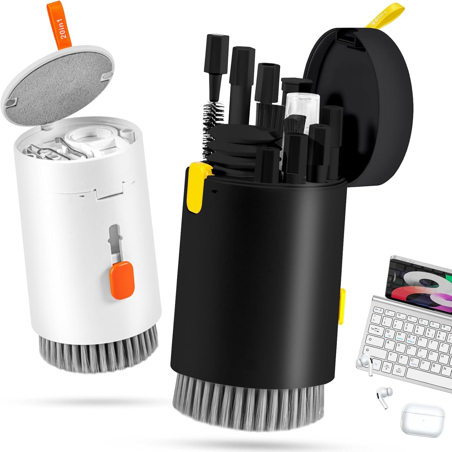walrfid 2 Pack Laptop Phone Screen Cleaner Kit, Computer Keyboard Brush Cleaning Spray for iPhone AirPods MacBook iPad, 20-in-1 Electronic Device Tool for Camera Earbud TV Car Screens, Black White