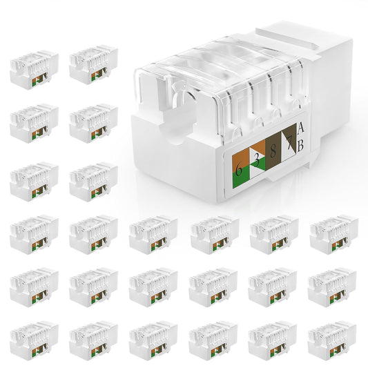 Keystone Jack 25-Pack, RJ45 Cat6 Keystone Jacks, Cat6 Ethernet Jack 90 Degree Punch Down Stand for Patch Panel & Wall Plate, White