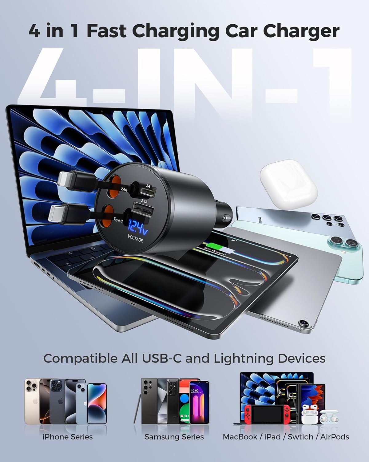 Retractable Car Charger, [2025 New] 4 in 1 Fast Car Phone Charger with Retractable Type C & L Cords, 120W USB Car Charging Adapter for iPhone 16 Pro Max 15 14 13 12, Samsung Galaxy, Pixel