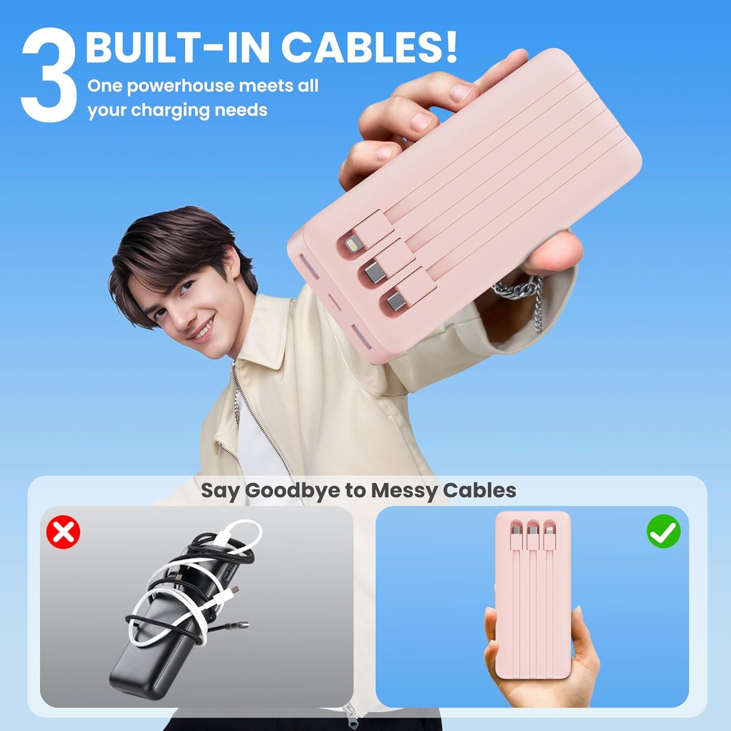 Portable Charger 50800mAh Power Bank with 3 Built in Cable,25W PD QC4.0 Fast Charging USB C Battery Pack,6 Output 2 Input LCD Display Portable Phone Charger for iPhone 16/15/14,Google,Android, Pink