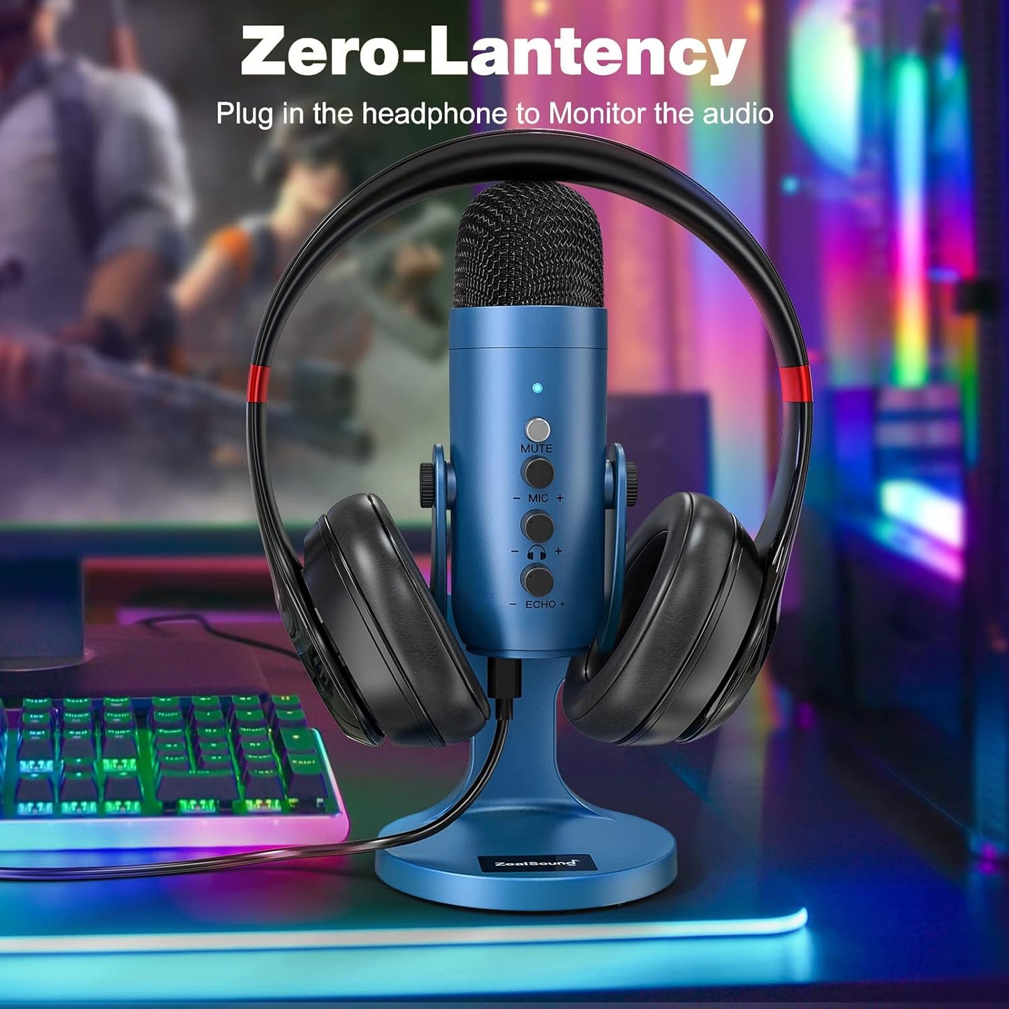 ZealSound USB Microphone,Condenser Gaming Mic for Phone/Laptop/PC/PS4/5/Computer,Microphone with Gain Knob,LED Mute,Monitor Volume Adjustment,Stand Base for Streaming, Podcast, Studio Recording (Blue)