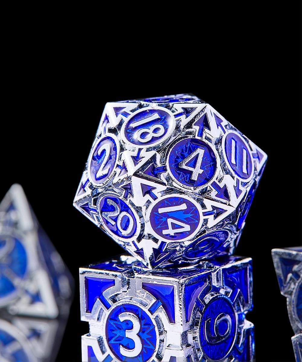 RULE DND Dice Set Metal Blue Solid Weighted D&D Dungeons & Dragons Polyhedral D20 D4 D12 D10 D% D8 D6 with Gift Box