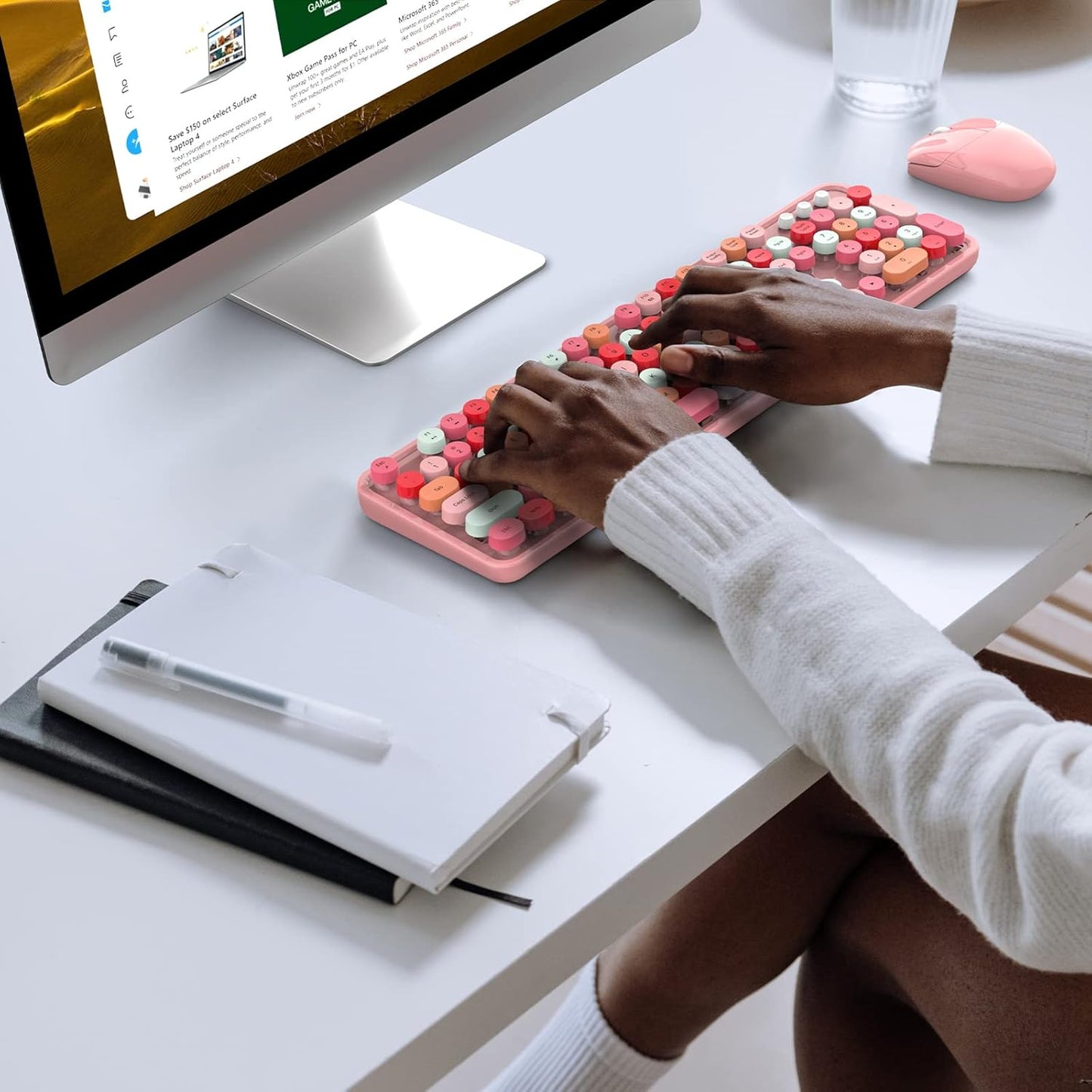 KNOWSQT Wireless Keyboard and Mouse Combo, Pink Colorful 2.4G Typewriter Full-Size Cute Keyboards - USB Receiver Plug and Play, for Computer, PC, Laptop, Desktop, Windows