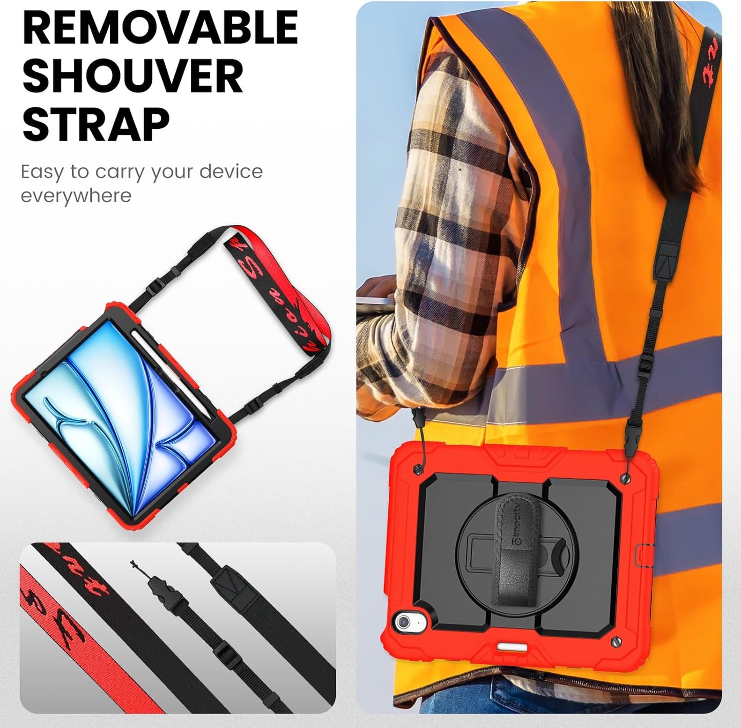 timecity Case for iPad Air 11 Inch M3/ M2 (2025/2024), 360° Rotating Stand, Pencil Holder & Wireless Charging, Shockproof with Screen Protector & Shoulder Strap - for Designers, Red