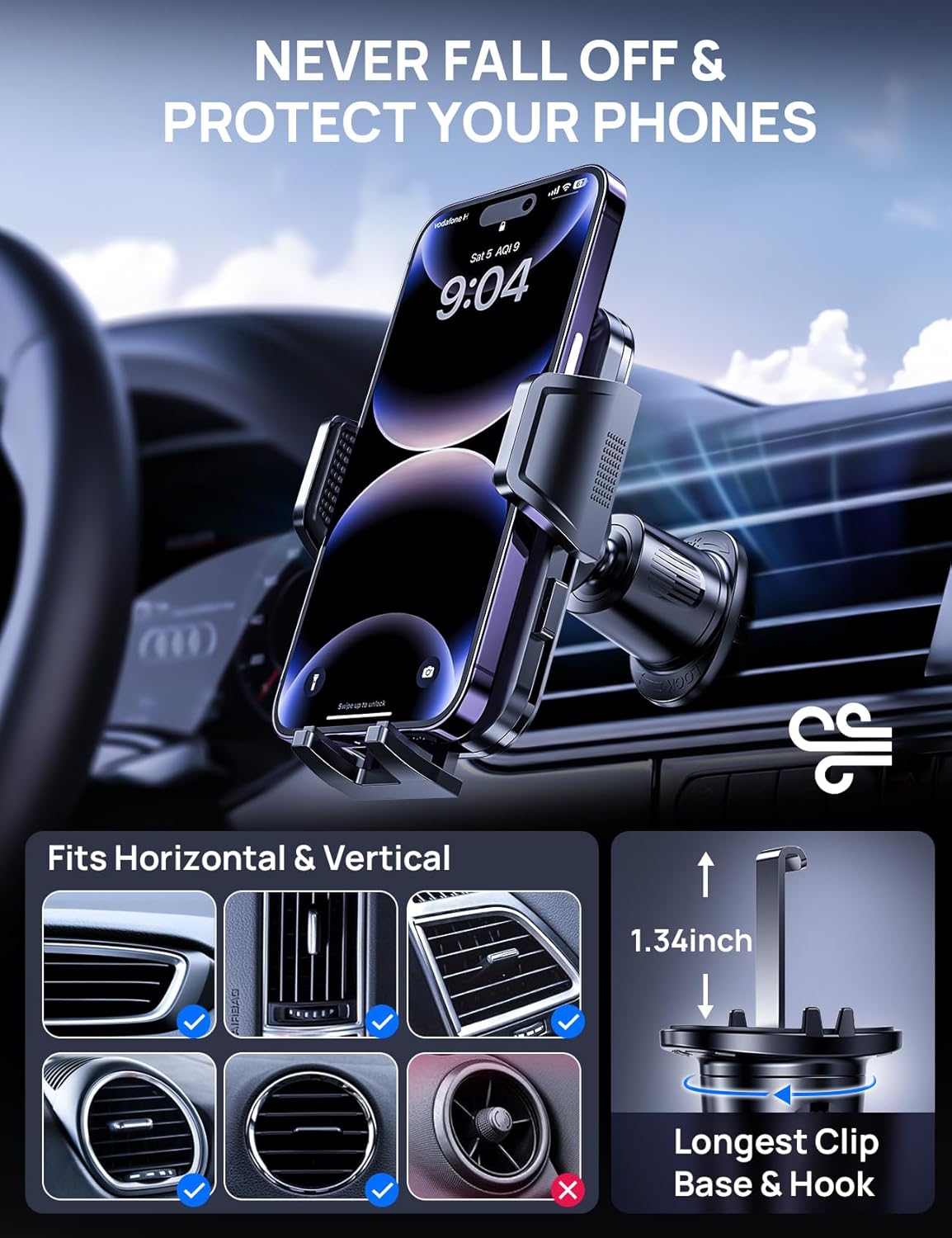 [2025 New] Car Vent Phone Mount, [Upgrade Hook Clip Never Shake] Adjustable 360 Rotation Vent Clip Car Phone Holder Mount, Big Phone & Thick Case Friendly Fit for All iPhone, Samsung & Cell Phone