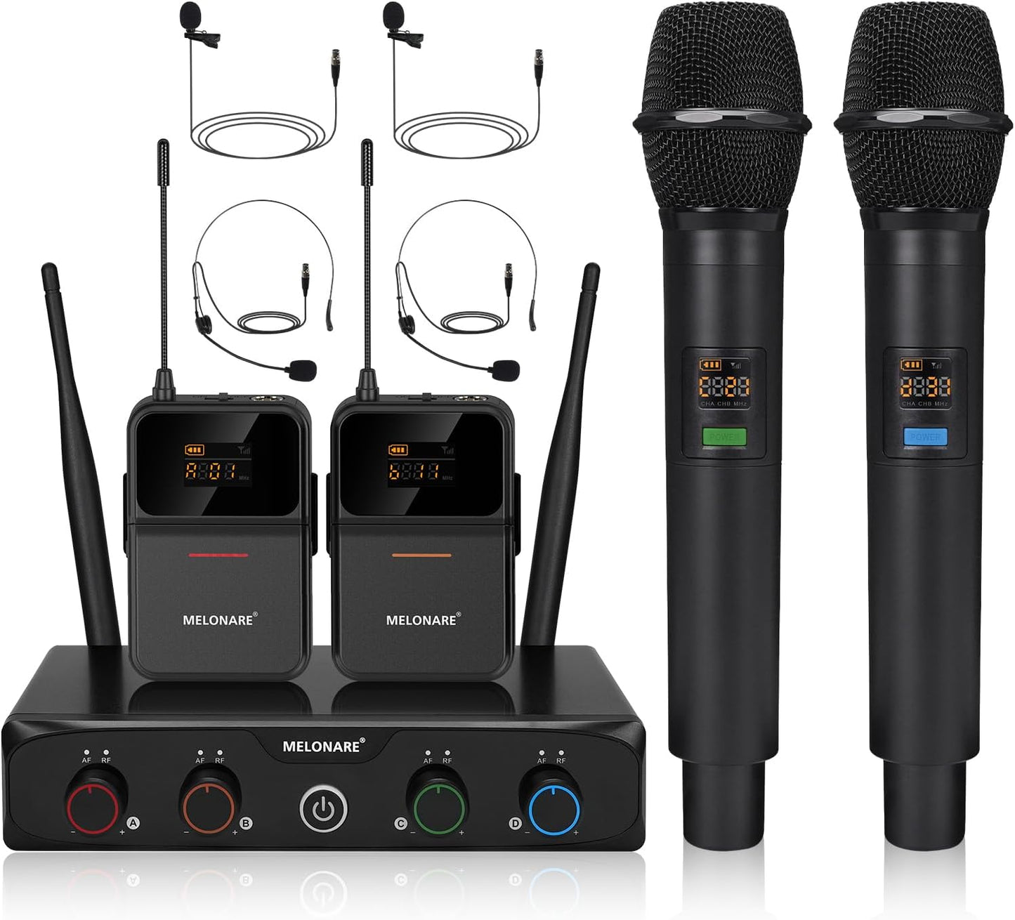 4-Channel Wireless Microphone System,UHF Cordless Mic Set w/ 4x10 Frequencies, 200ft, 2 Handheld Dynamic Mics, 2 Bodypacks & Headset/Lapel Microphones for Singing, Karaoke, DJ (MWM-41-2H2B)