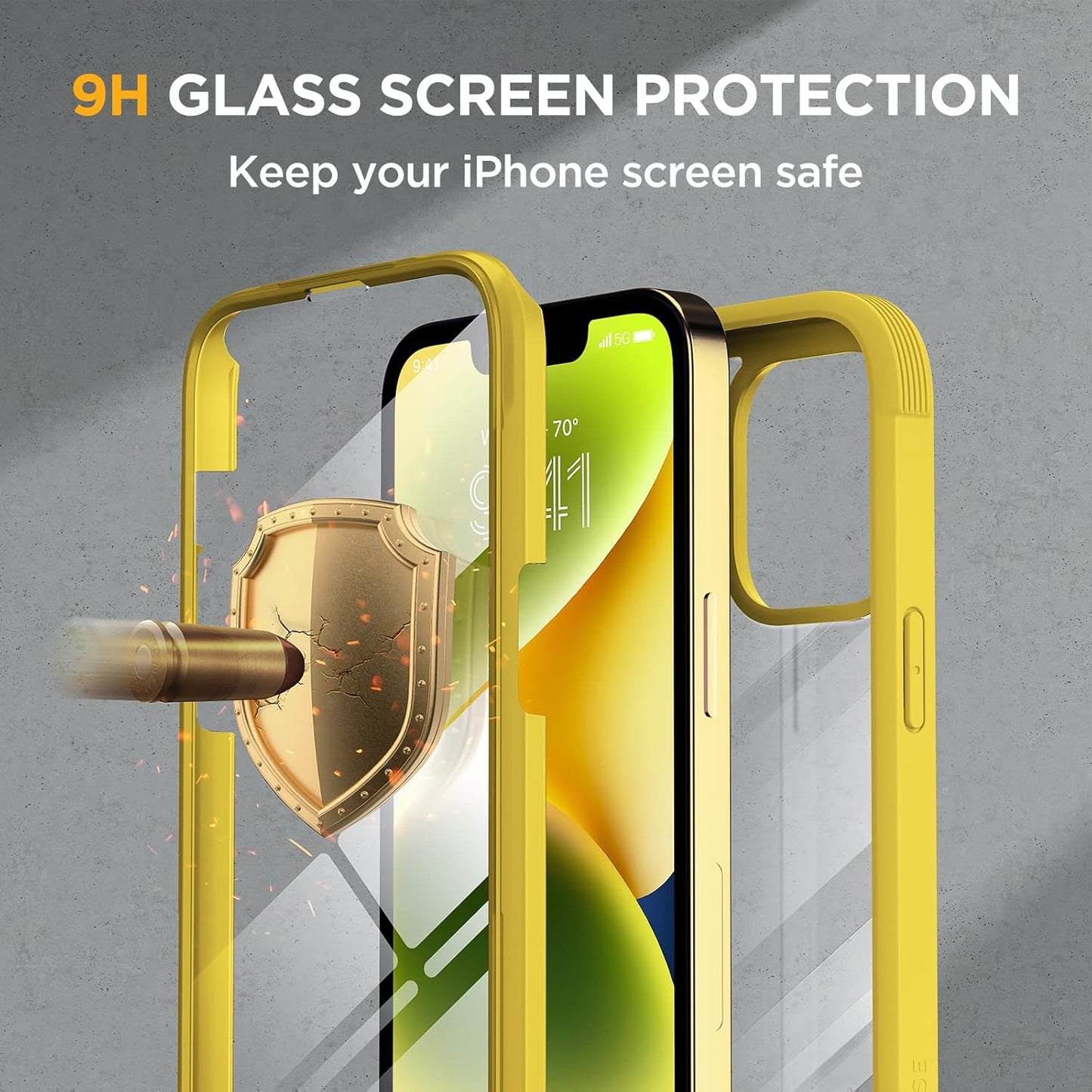 Miracase Glass Series for iPhone 14 Case 6.1 inch, [Built-in Tempered Glass Screen Protector] [Bubble Free] Full-Body Protective Bumper Phone Case with Camera Lens Protector, Lemon
