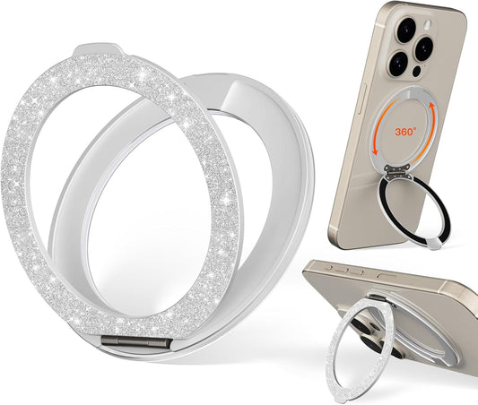 COOLQO Upgraded Magnetic Phone Ring Holder Stand, Super Magnet Cell Phone Grip Finger Kickstand Compatible with MagSafe Mag Safe Accessory for iPhone All Smartphones (1-Glitter Silver)
