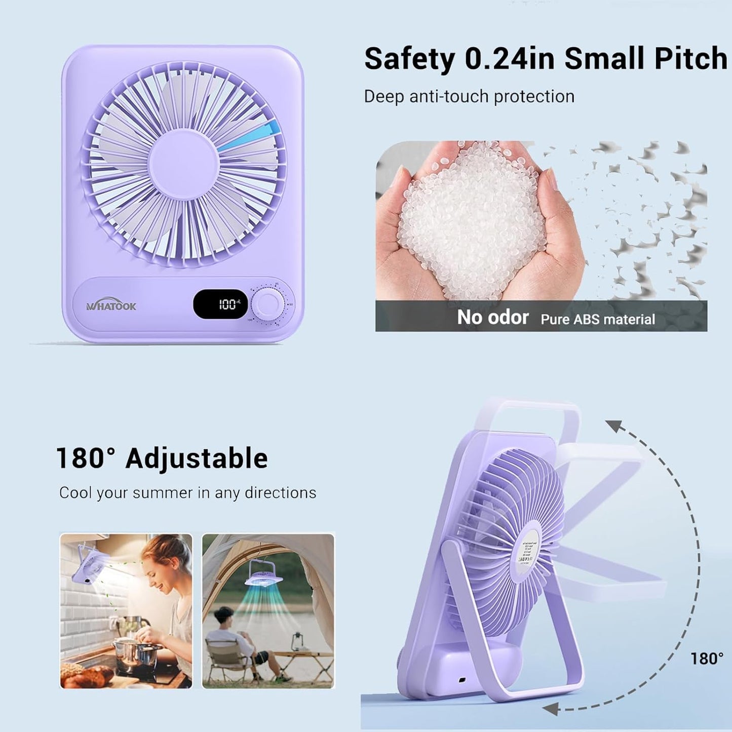 WHATOOK Small Desk Fan Personal Fans: 5000mah 25 Hours Battery Office Quiet Mini Desktop Fan Portable Rechargeable Travel Essentials (Purple, 5000)