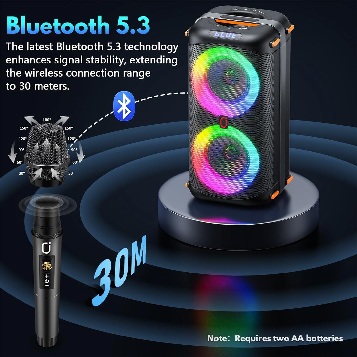 Karaoke Machine with 2 Wireless Microphones, Portable Bluetooth 5.3 Karaoke Speaker for Home Party Outdoors, PA System for Adults with Echo Adjustment/LED Lights, Support TV/USB/AUX/TF
