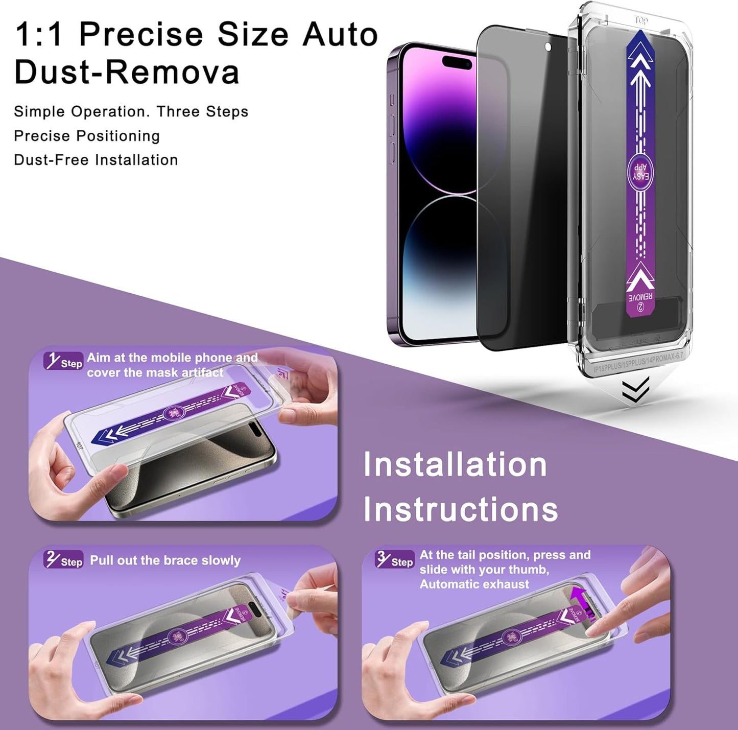 2 Pack Privacy Screen Protector for iPhone 14 Pro Max/iPhon 15 Plus/iPhon 16 Plus, 9H Tempered Glass, Full Coverage, Anti-Fingerprint, Auto Dust-Elimination, No Bubble, Easy Installation