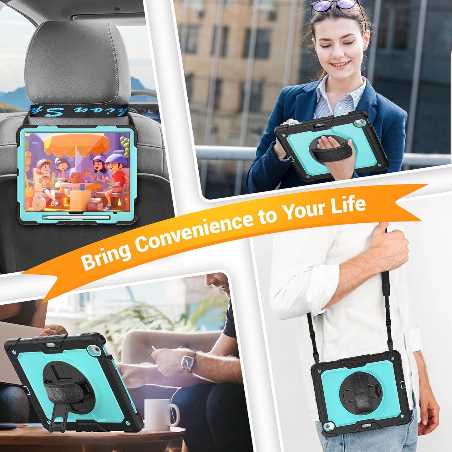 SEYMAC for iPad Air 13 Inch Case M3 2025/ M2 2024, Heavy Duty Shockproof Protective Case with Screen Protector, 360° Rotating Stand, Hand/Shoulder Strap and Pen Holder for iPad Air 13, Light Blue