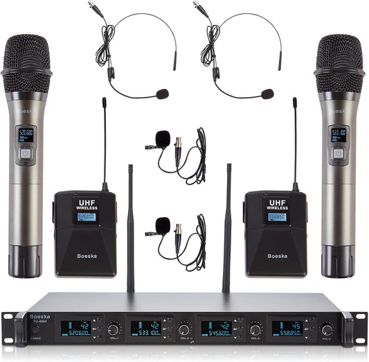 4 Channel Wireless Microphone System UHF 2 Cordless Handheld Mics and 2 Lavalier Headset Mics for Karaoke Church Speaking Conference Meeting Party, 4x25 Adjustable Frequency (2 Handheld + 2 Bodypack)