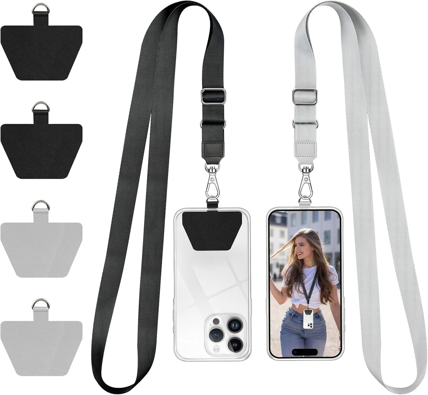 Doormoon Phone Strap Crossbody, Wrist Straps with Patch Cases Cell Phone Lanyards for Women Drop Protection Compatible with iPhone, Samsung, Google & Most Smartphones, 2 Pack, Black Grey