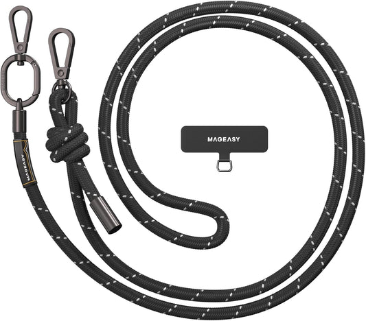 MAGEASY Universal Cell Phone Lanyard - Anti-Theft Thick Rope Crossbody Phone Strap for iPhone 16 Pro Max & Most Smartphones, for Men & Women | 8.3mm Reflect Black