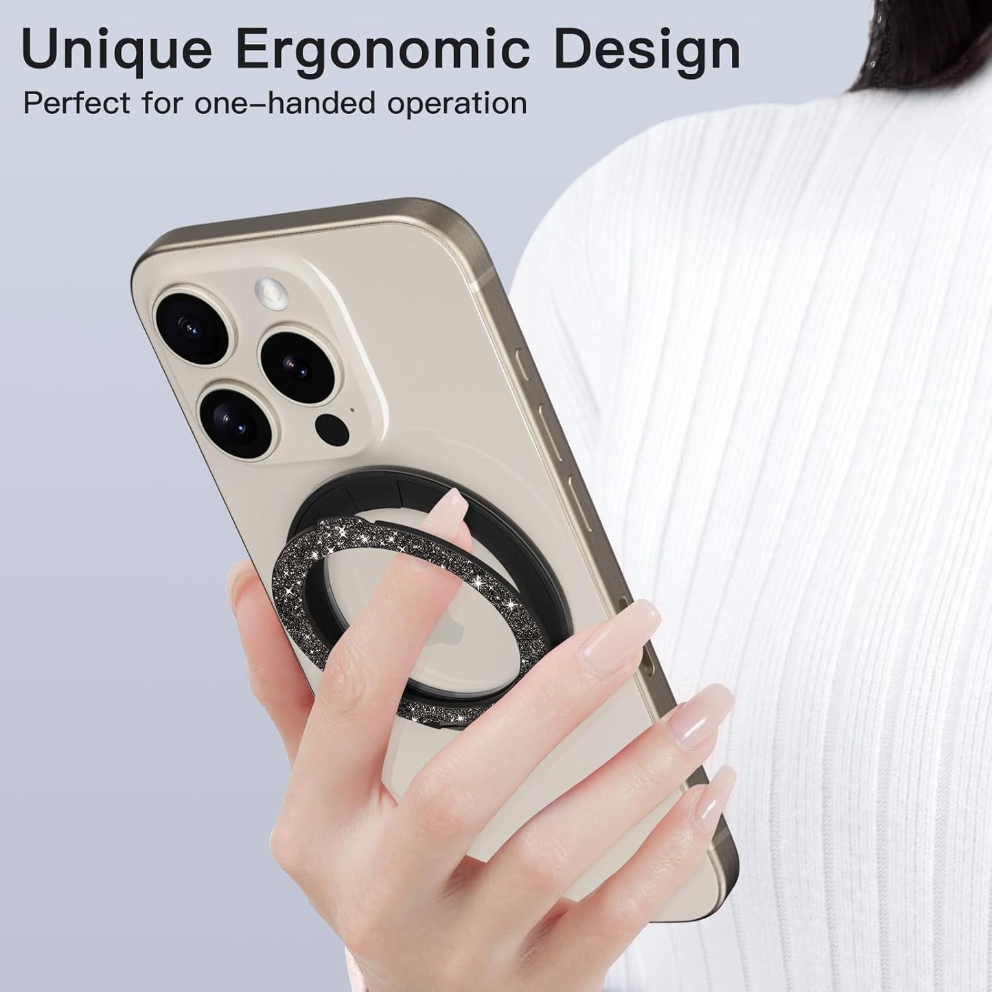 COOLQO Upgraded Magnetic Phone Ring Holder Stand, Super Magnet Cell Phone Grip Finger Kickstand Compatible with MagSafe Mag Safe Accessory for iPhone All Smartphones (1-Glitter Black)