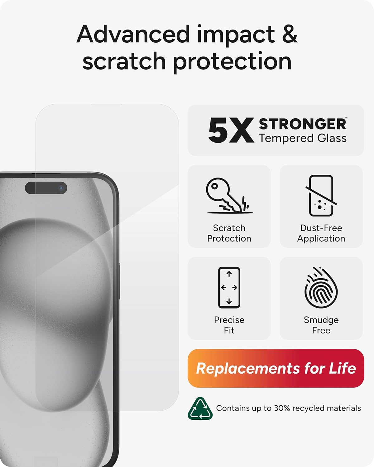 ZAGG InvisibleShield Glass Elite iPhone 15 Screen Protector - 5X Stronger with Reinforced Edges, Scratch & Smudge-Resistant Surface, Easy to Install