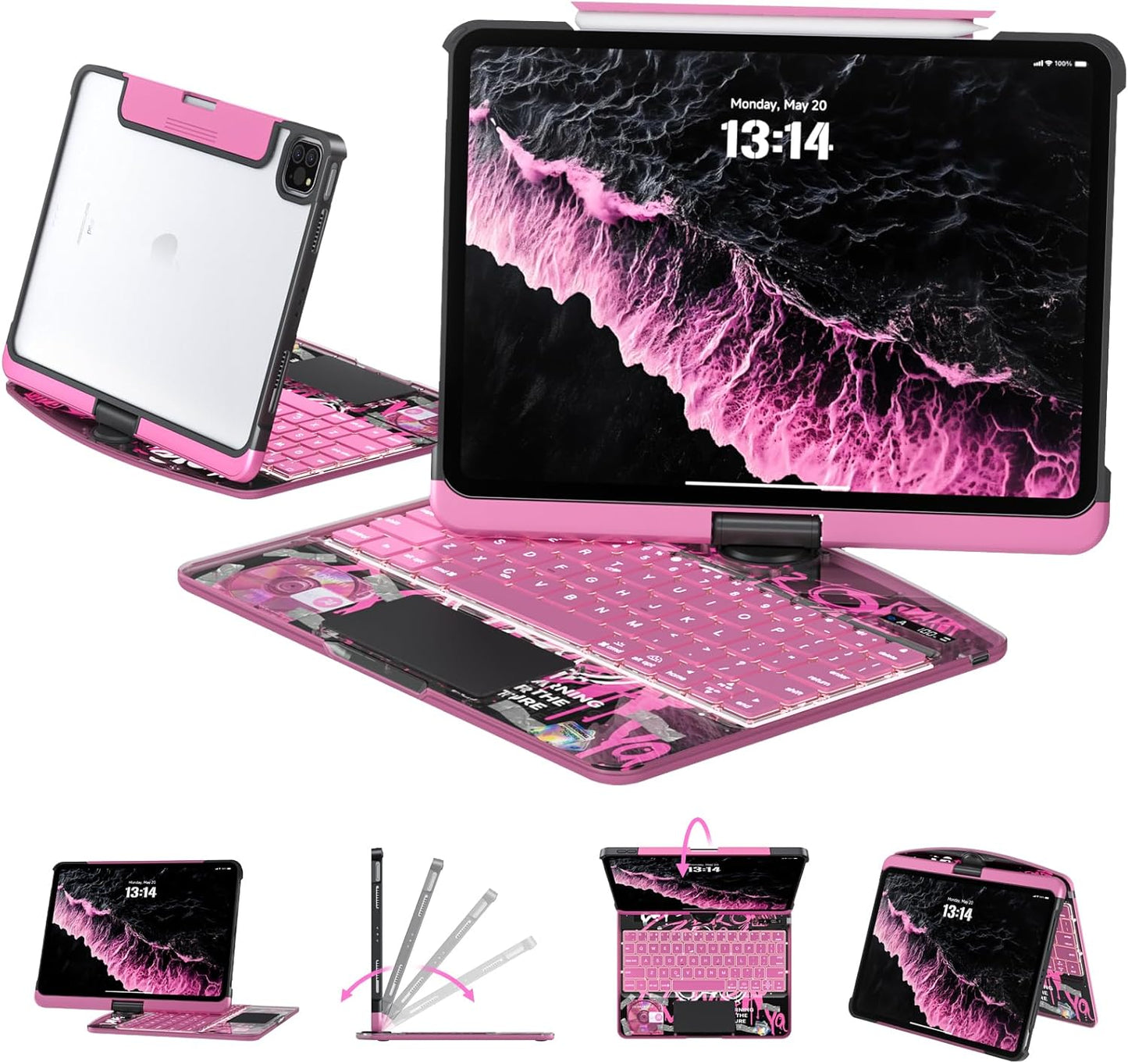Transparent Case with Keyboard for iPad 11th Gen 11 Inch.(A16, 2025) & 2022 iPad 10th Gen 10.9 Inch,7-Color Backlit,Wireless Keyboard, 360°Rotating,with trackpad,Pencil Holder,with Shortcuts,pink