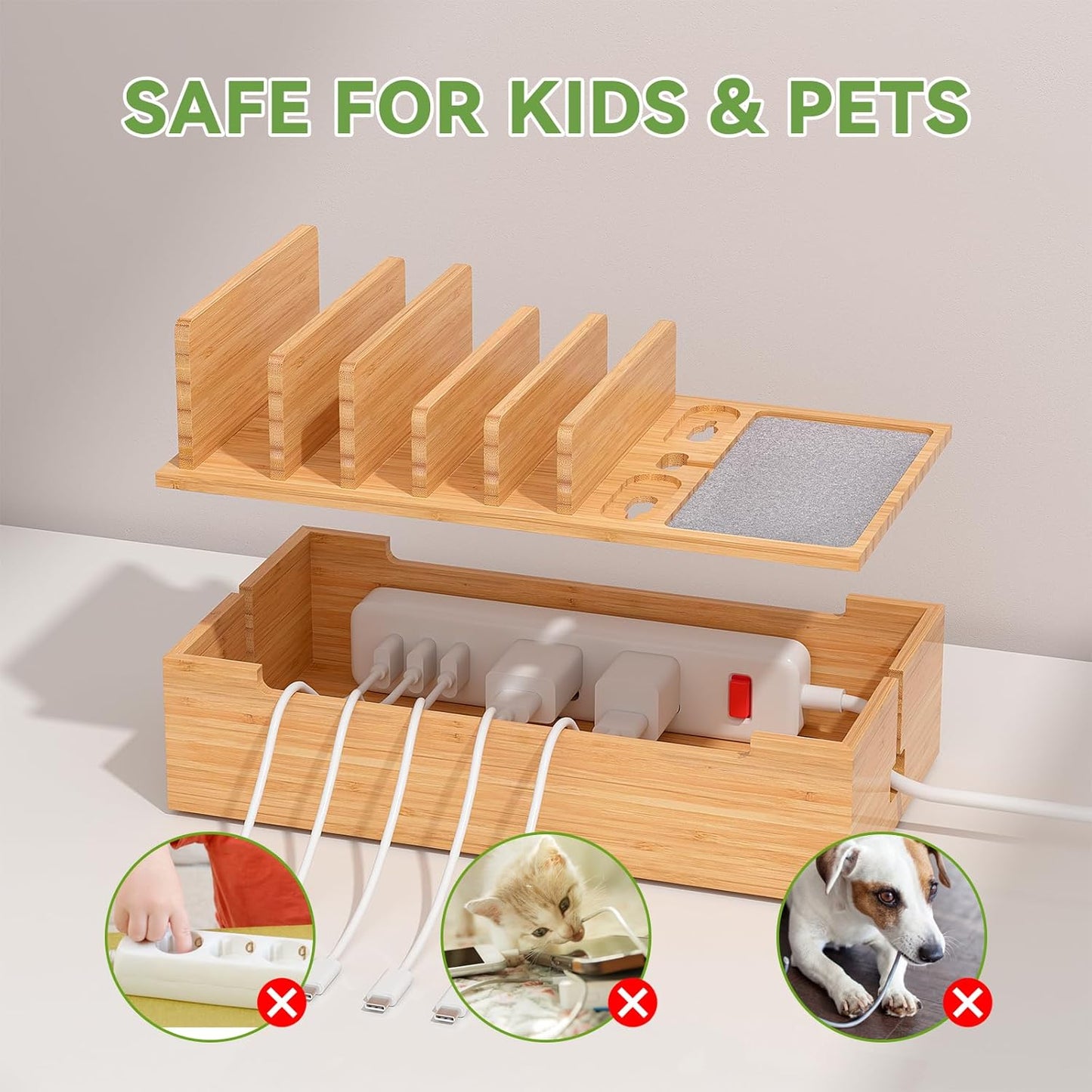 Pezin & Hulin Bamboo Charging Stand Rack, Wooden Charge Box for Mobile Phones, Tablets, Smart Watch and Earbuds, Wire Cable Organizer Box, Bedside Dock Stand Holder (NO Power Adapter Supply) -Natural