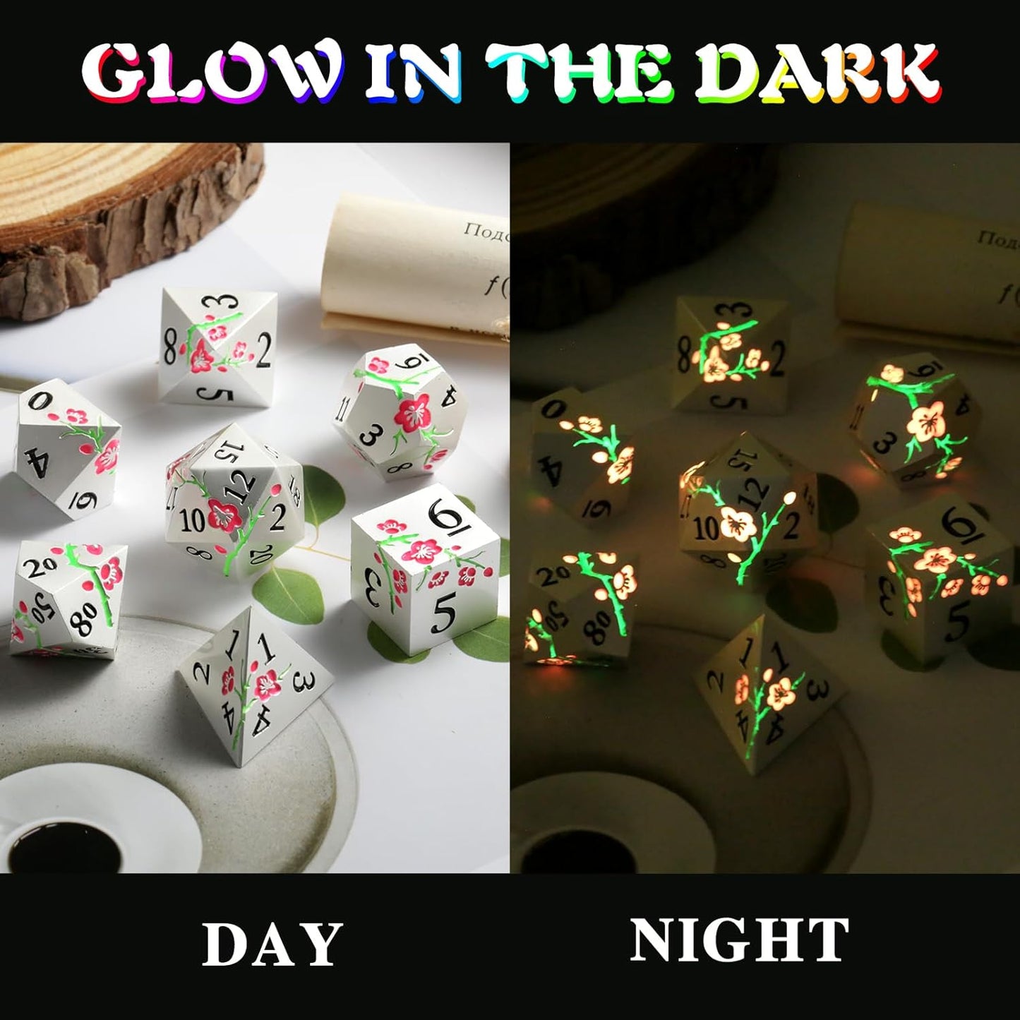 Metal DND Dice, DNDND 7 PCS Glow in The Dark Metallic D&D Dice Set with Gorgeous Gift Case for Dungeons and Dragon Tabletop Game (Glow in The Dark Pink)
