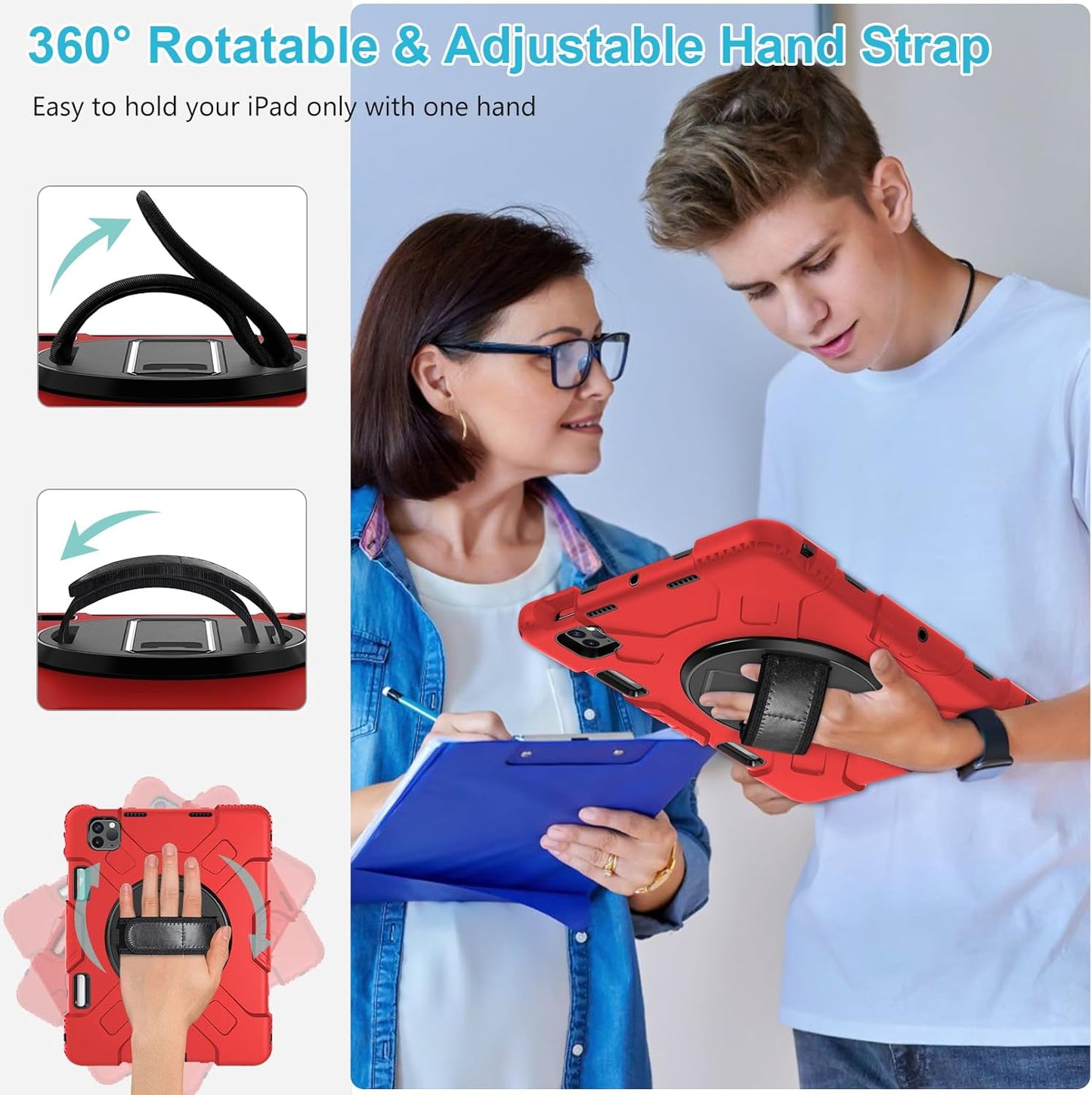 Case for iPad Pro 11 Inch 2022/2021/ 2020/2018: Silicone Cover for iPad 11 Inch 4th/ 3rd/ 2nd/ 1st/ Generation with Screen Protector- Stand- Handle- Shoulder Strap- Pencil Holder- Red