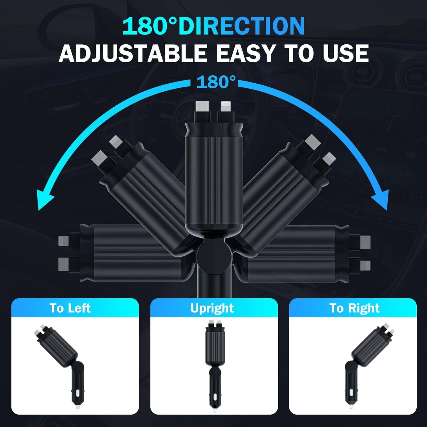 Car Charger with Starlight, 66W USB C Fast Car Chargers Adapter, 4 in 1 Retractable Car Charger with 2 USB Ports for iPhone16/15/14/13/12/11 and for Android (Black)